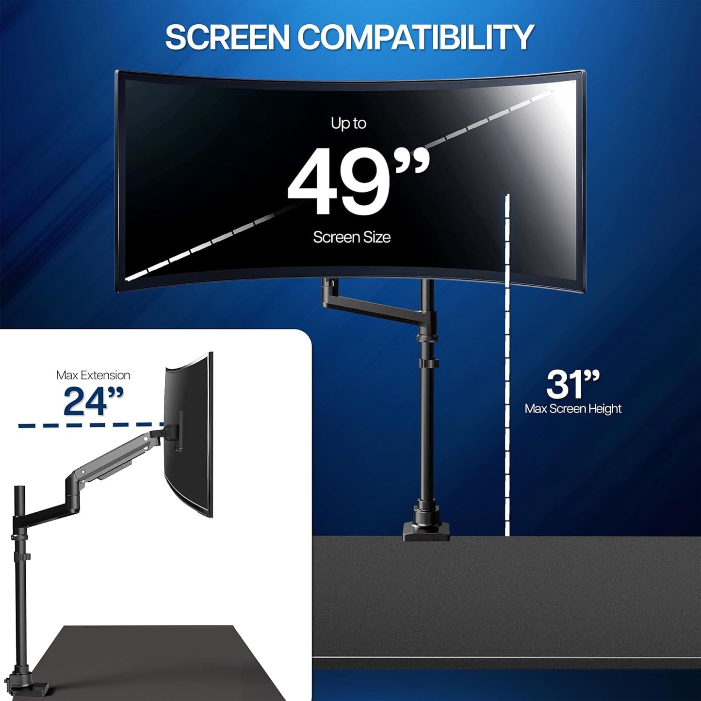 VIVO Pneumatic Arm Single Ultrawide Monitor Extra Tall Desk Mount for Up to 49 inch Screens, Heavy Duty Clamp, Holds Ultra Wides Up to 44 lbs, Black, STAND-V110K