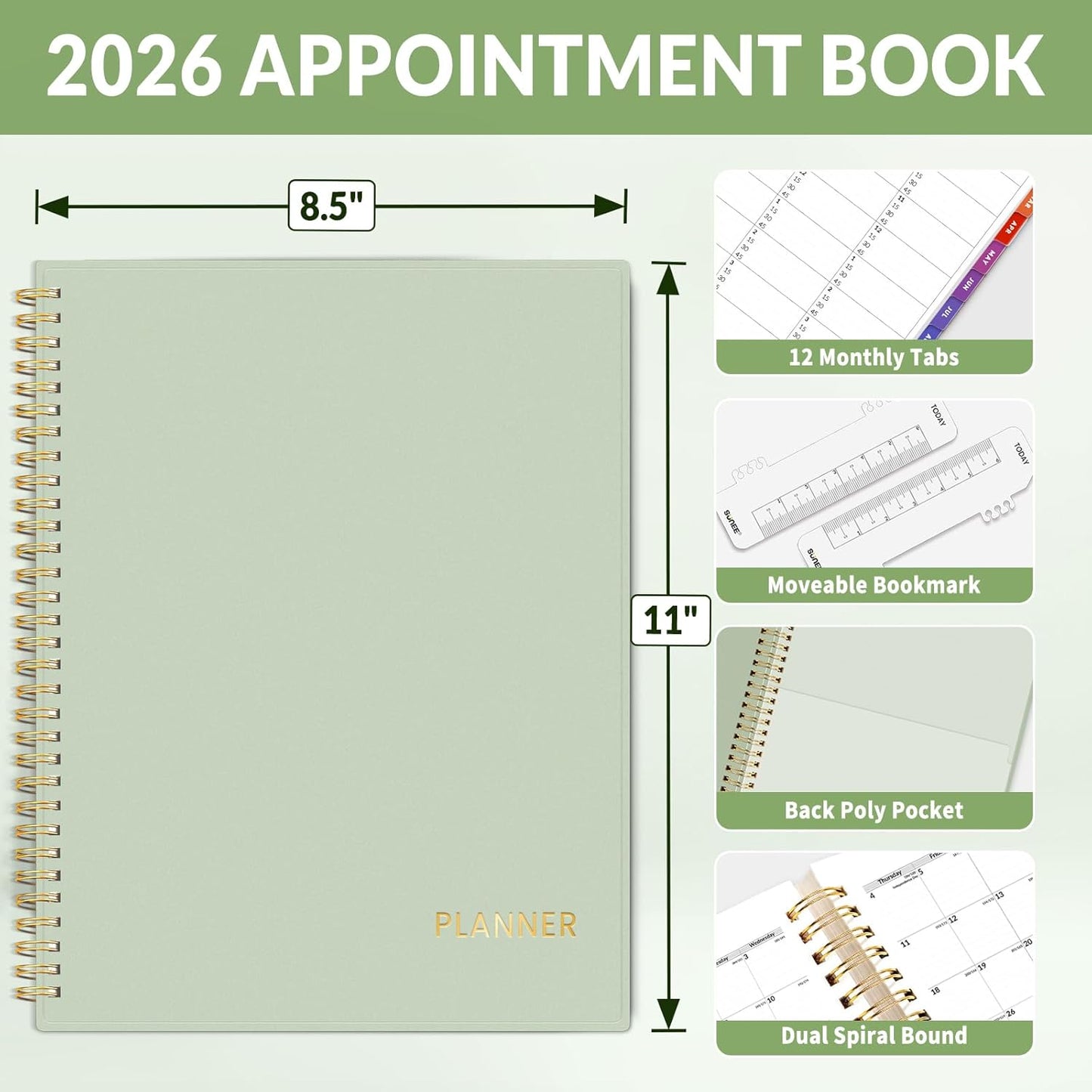SUNEE 2026 Appointment Planner 15-Minute Time Block – Weekly & Monthly Spiral Organizer with Note Section – Thick Paper, Lay-Flat Bound – 8.5 x 11 for Office, School, Salon, Men & Women, Sage Green