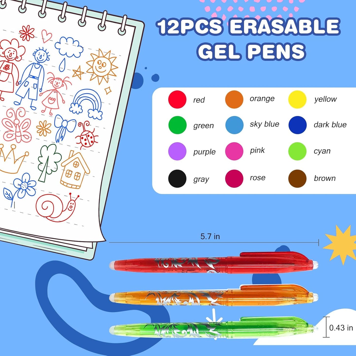 Erasable Gel Pens Multicolor – 12 Pack Smooth Writing Colorful Erasable Pens 0.5mm Fine Tip Quick-Dry Gel Ink Clean Erasing Erasable Marker Pens for Kids Students Adults School