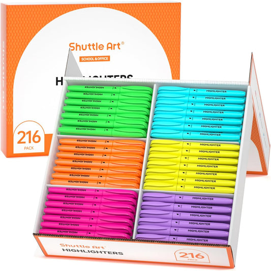 Shuttle Art 216 Pack Highlighters, Highlighters Assorted Colors Set, 6 Bright Colors Chisel Tip Dry-Quickly Non-Toxic Highlighter Markers Bulk for Adults Kids Highlighting in Home School Office