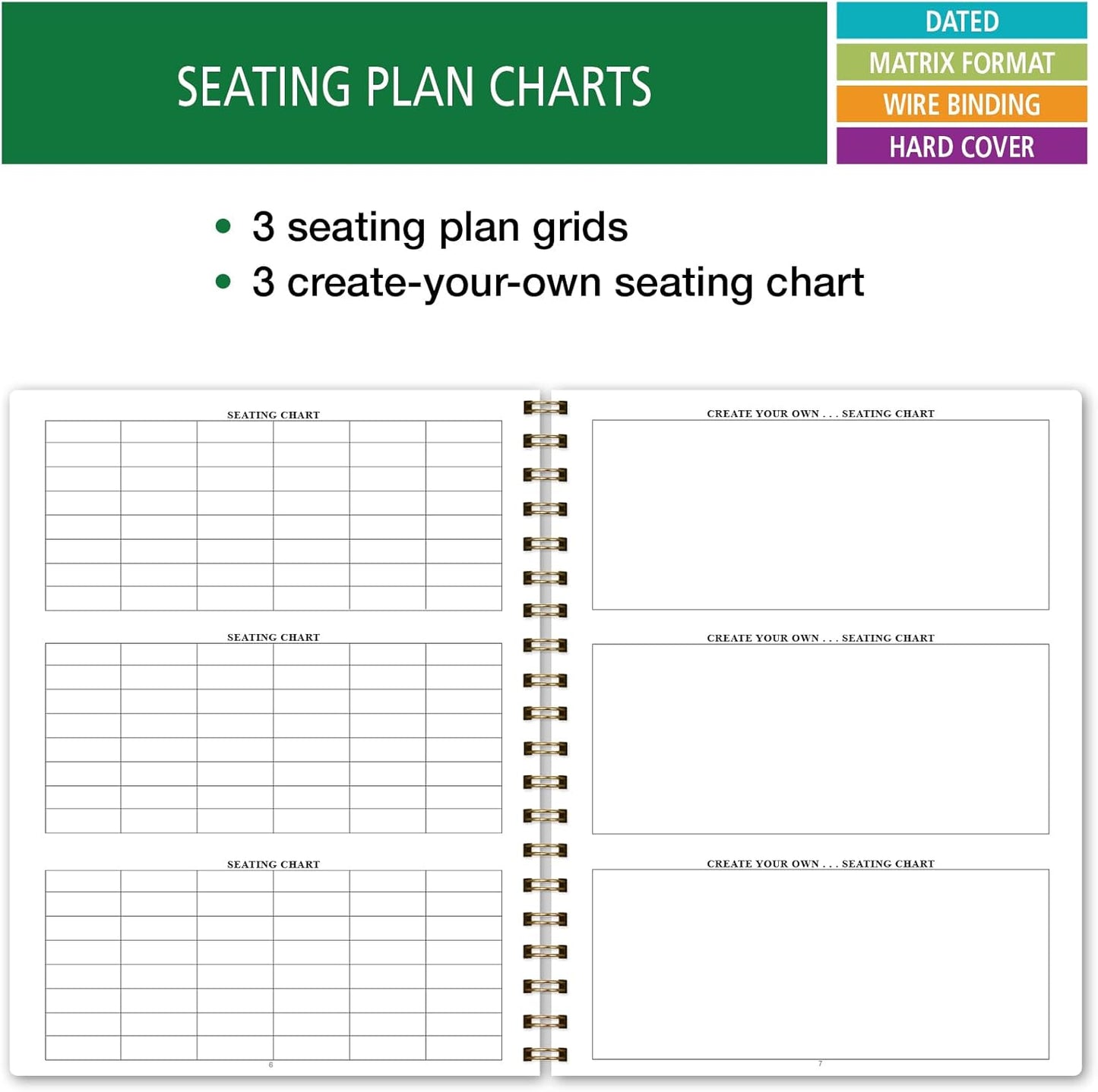 Elan Publishing Company HARDCOVER 7 Period Dated Teacher Lesson Plan; Days Horizontally Across The Top Dated for 2025-2026 Academic Year with Bonus Clip-in Bookmark (Rainbow Gold Marble)