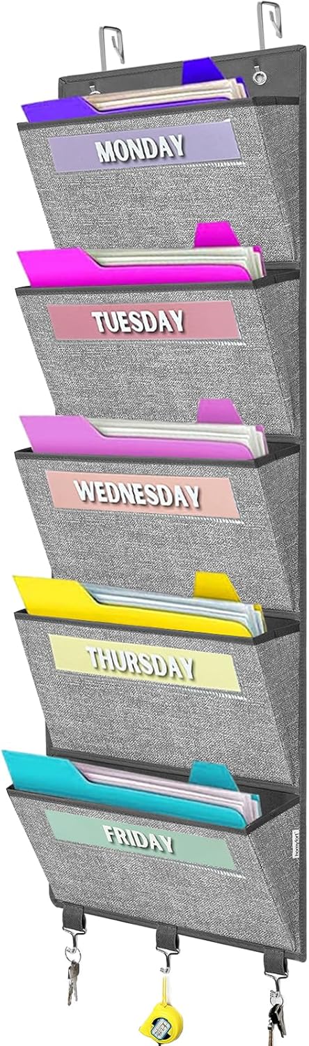 homyfort Over the Door hanging File Organizer, Weekly Hanging File Folders, Wall Organizers and Storage for Mail, Magazine, Notebooks, Office, Classroom, 5 Large Pockets, 50.39” Tall, Grey