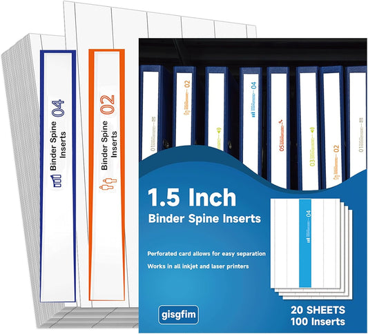 gisgfim 20 Sheets Binder Spine Inserts 1-1/2 Inch Spine Width White Binder Labels 92LB Printable Side Identifiers for Inkjet Laser Printers Cardstock View Binders Labels 5 Inserts/Sheet