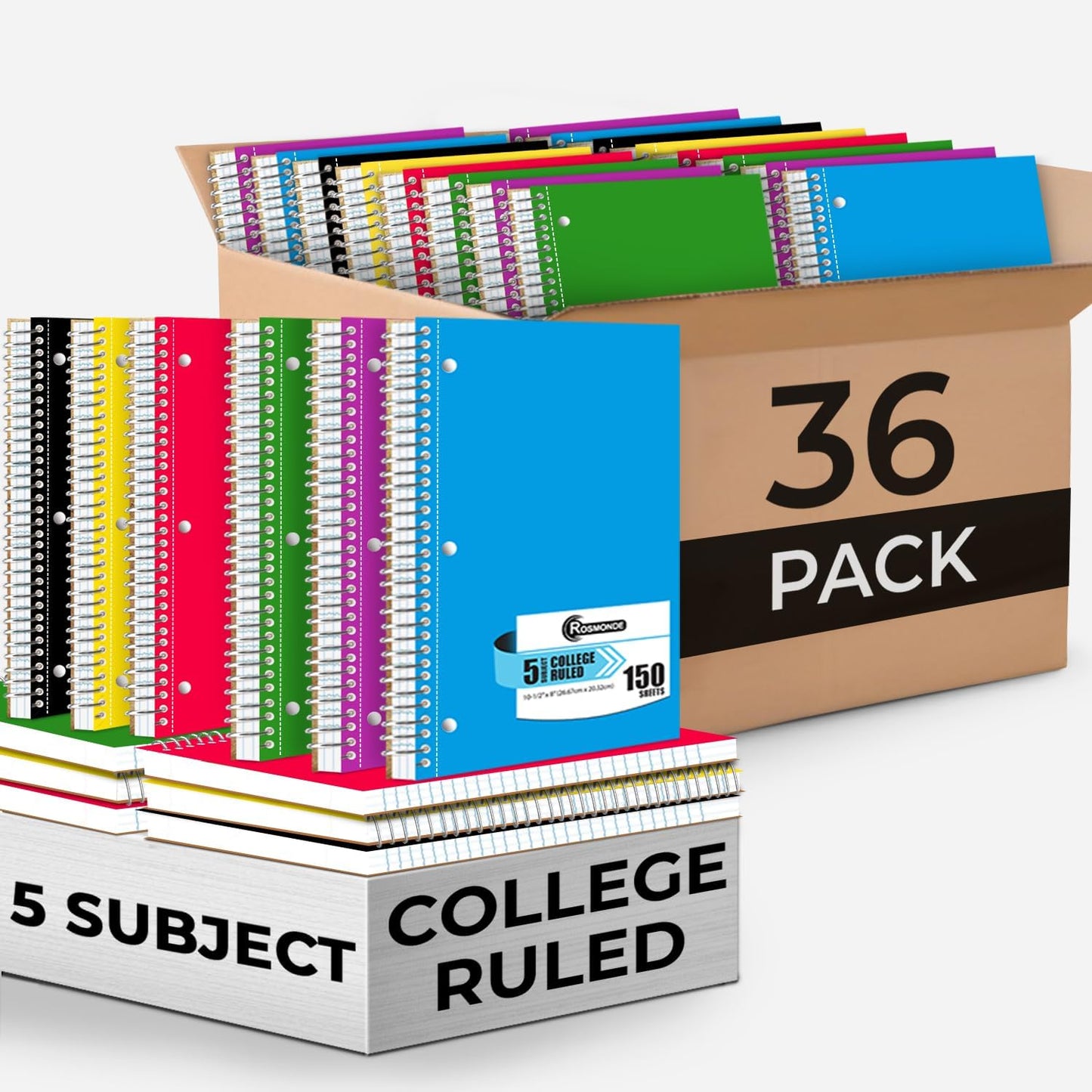 Spiral Notebook 36 Pack, 5 Subject, 300 Pages/Book (150 Sheets), College Ruled, 8 x 10-1/2, School & Office Bulk Spiral Notebooks, Sturdy Spiral Journal Notebook, Soft Cover, Assorted Colors