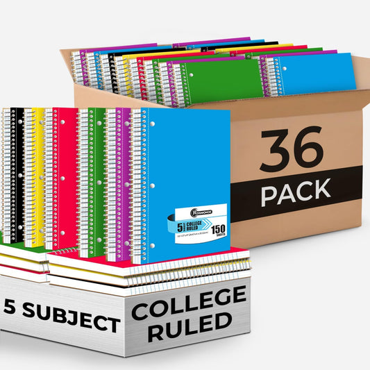Spiral Notebook 36 Pack, 5 Subject, 300 Pages/Book (150 Sheets), College Ruled, 8 x 10-1/2, School & Office Bulk Spiral Notebooks, Sturdy Spiral Journal Notebook, Soft Cover, Assorted Colors