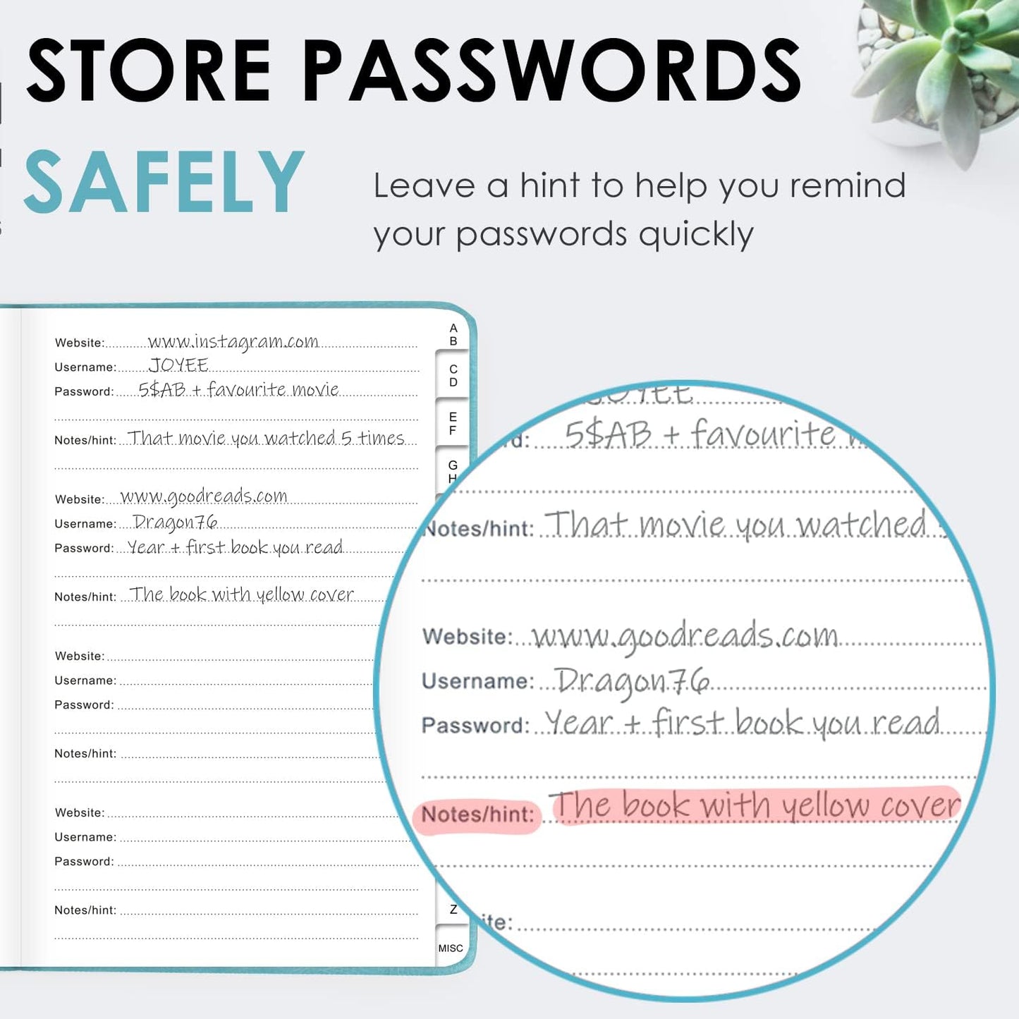 Elegant Password Book with Alphabetical Tabs - Hardcover Password Book for Internet Website Address Login - 5.2" x 7.6" Password Keeper and Organizer w/Notes Section & Back Pocket (Turquoise)