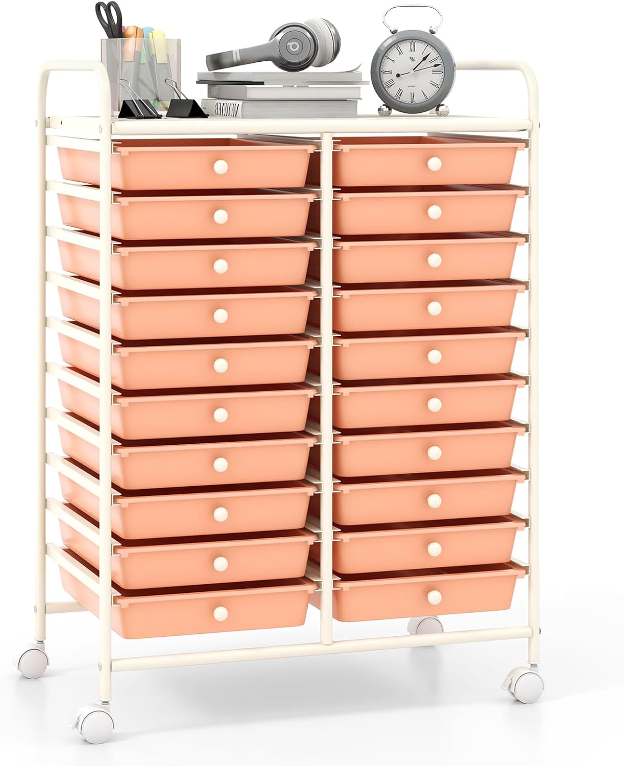 Giantex 20 Drawers Rolling Cart, Mobile Storage Drawer Cart, Classroom Organizer for Office School Supplies Tools Scrapbook Paper Craft Small Printer, Utility Stand on Wheels, Peach