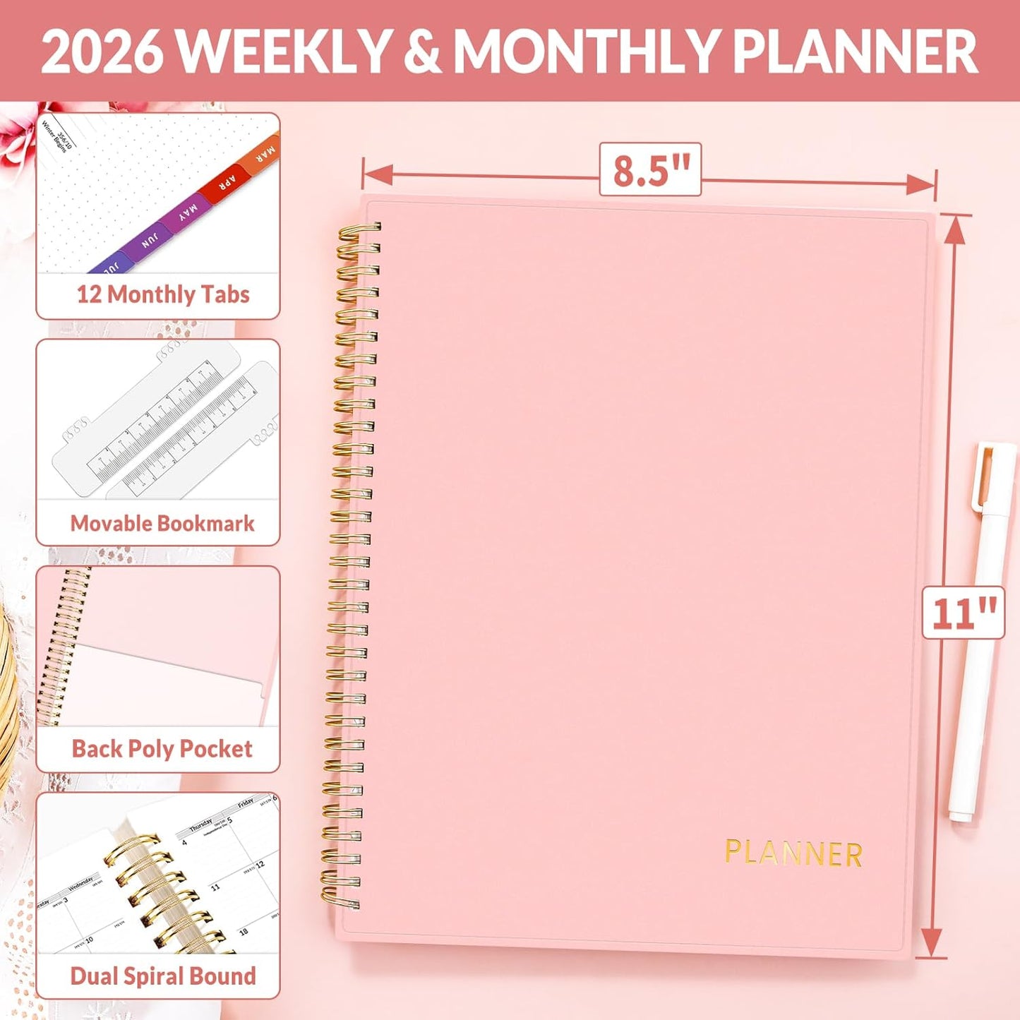 SUNEE 2026 Weekly and Monthly Planner - from January 2026 - December 2026, 8.5"x11" Daily Agenda Planner with Monthly Tab, Flexible Cover, Note Pages, Pockets, Bookmark, Spiral Binding, Pink