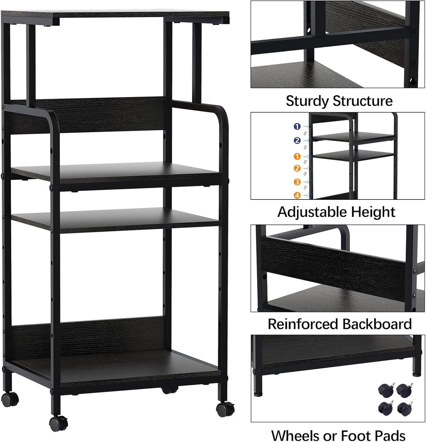4 Tier Stand with Storage Shelf, Tall Mobile Printer Table for Home Office, Adjustable Stands for Heat Press Scanner Fax (Black)