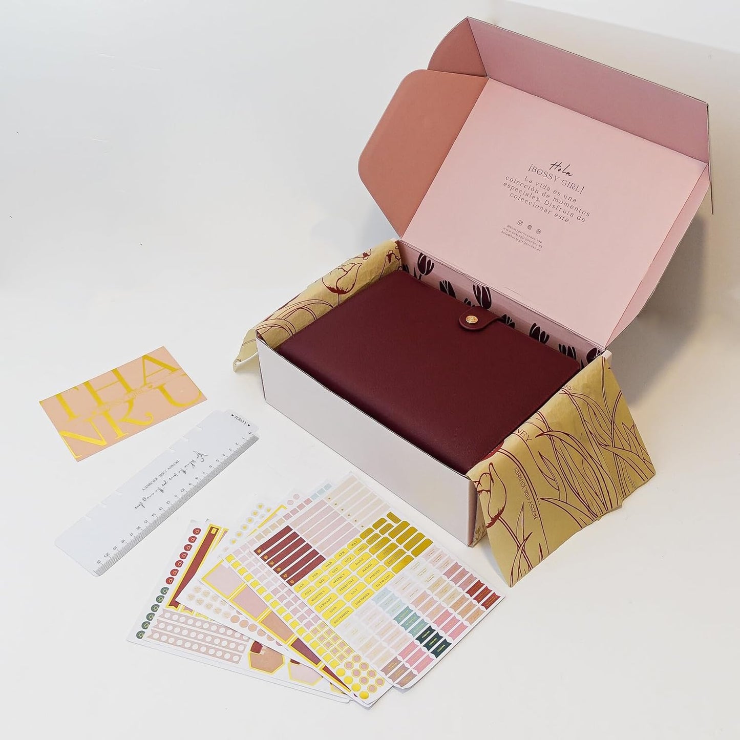 Bossy Girl Journey - A5 Daily Planner Binder – Undated Time Blocking Refillable Organizer for Women with 110gsm Paper, PU Leather Cover, Stickers, Dividers, Pen Loop, Gift Box – Goal Setting & Productivity (Granate)