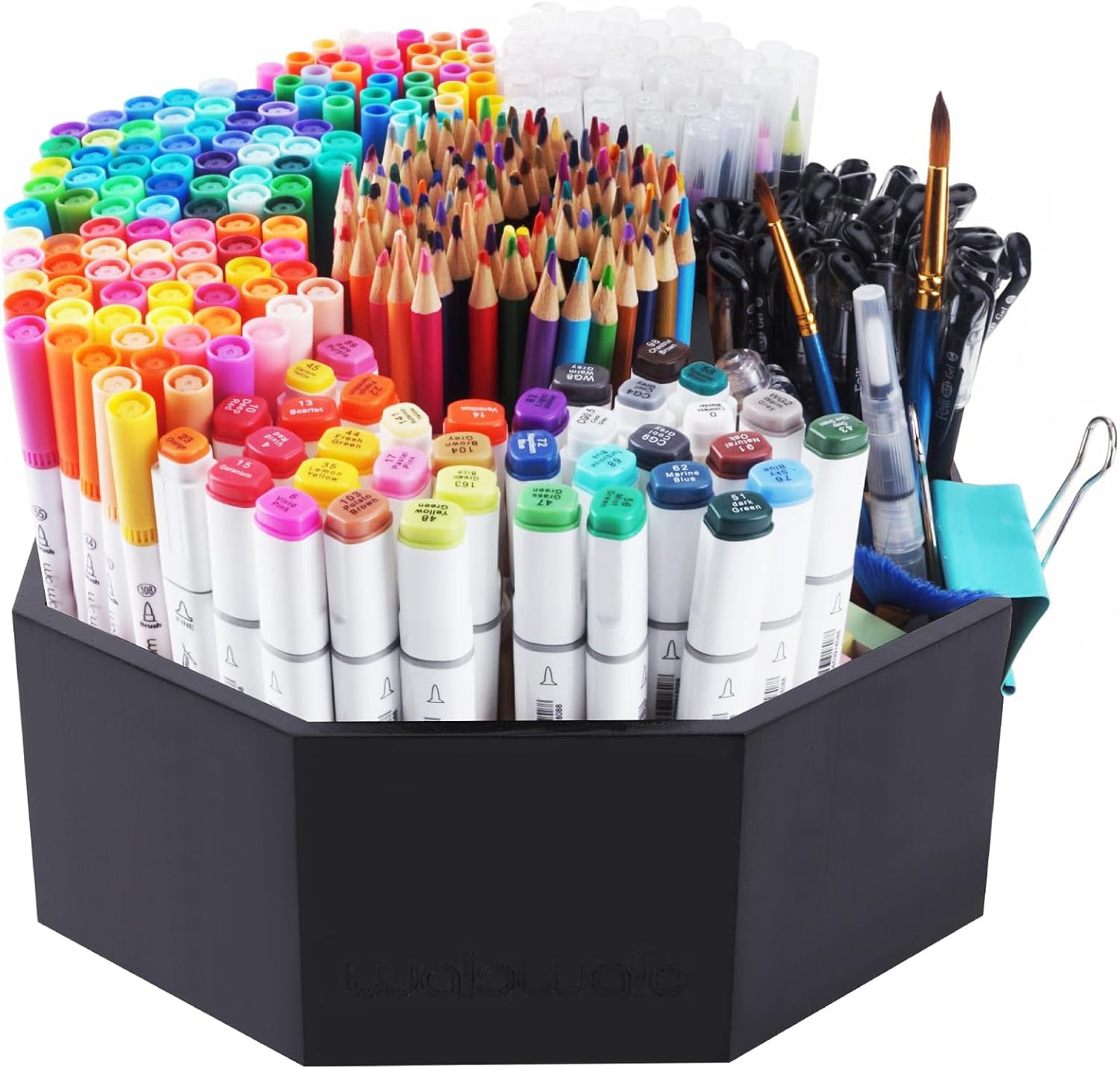walowalo Bamboo Rotating Art Supply Organizer Holds 800+ Pencils Spinning Crayon Marker Pen Holder for Desk Brush Storage for Office School Classroom Organization Stationary Black (Larger Version)
