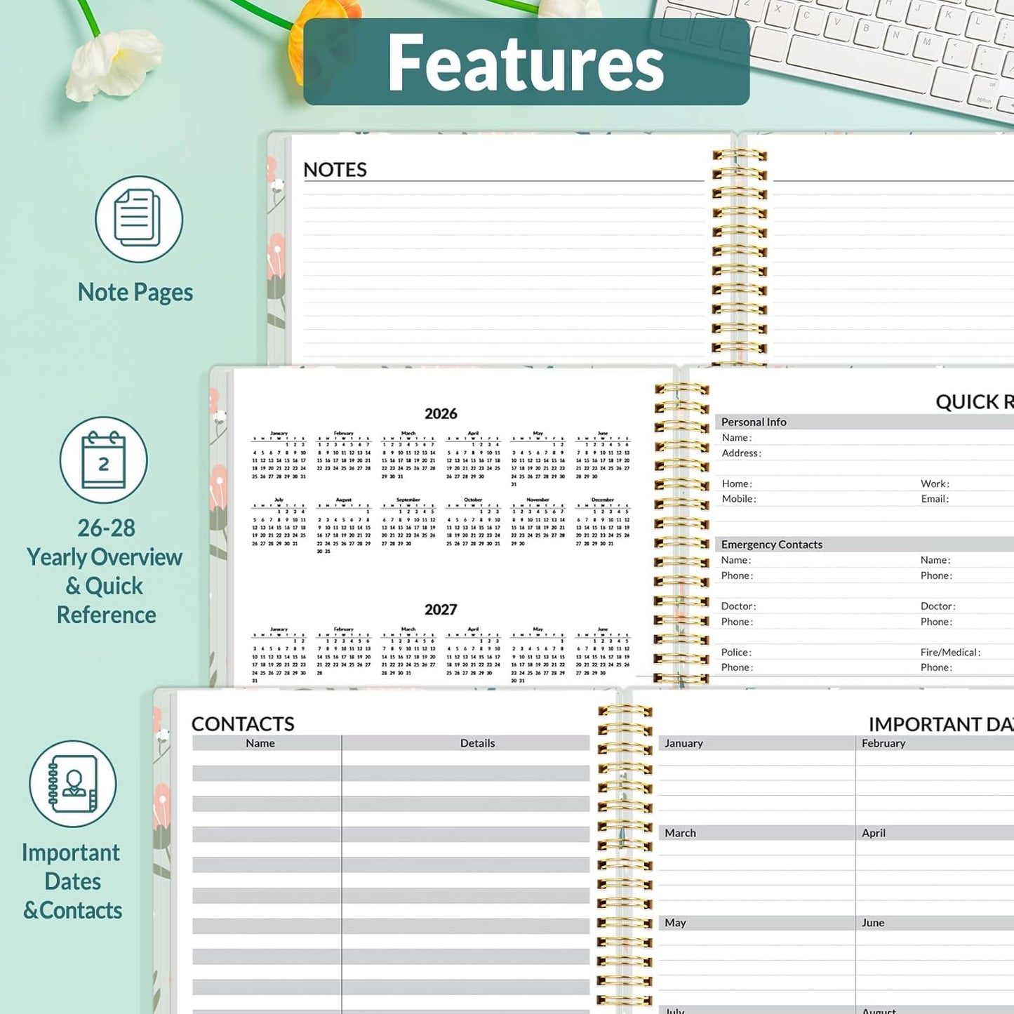 SUNEE 2026 Appointment Book, Quarter-Hourly, Weekly & Monthly - from January 2026 - December 2026, 8.5"x11" Weekly Planner, Flexible Cover, Note Pages, Pockets, Bookmark, Green Wildflowers