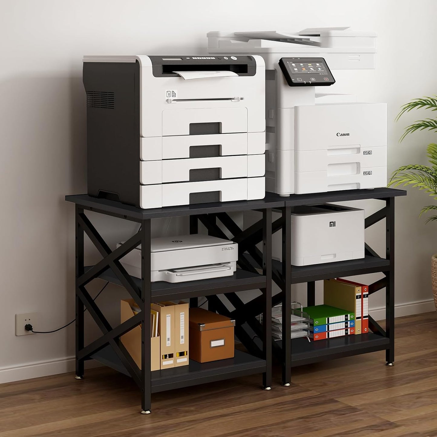 Large Printer Stand with Power Outlet, with Height Adjustable Storage Shelf, 3 Tier Rolling Printer Cart with Industrial Wheels, 23.6 x 23.6 Inches Printer Table for Home Office,Black