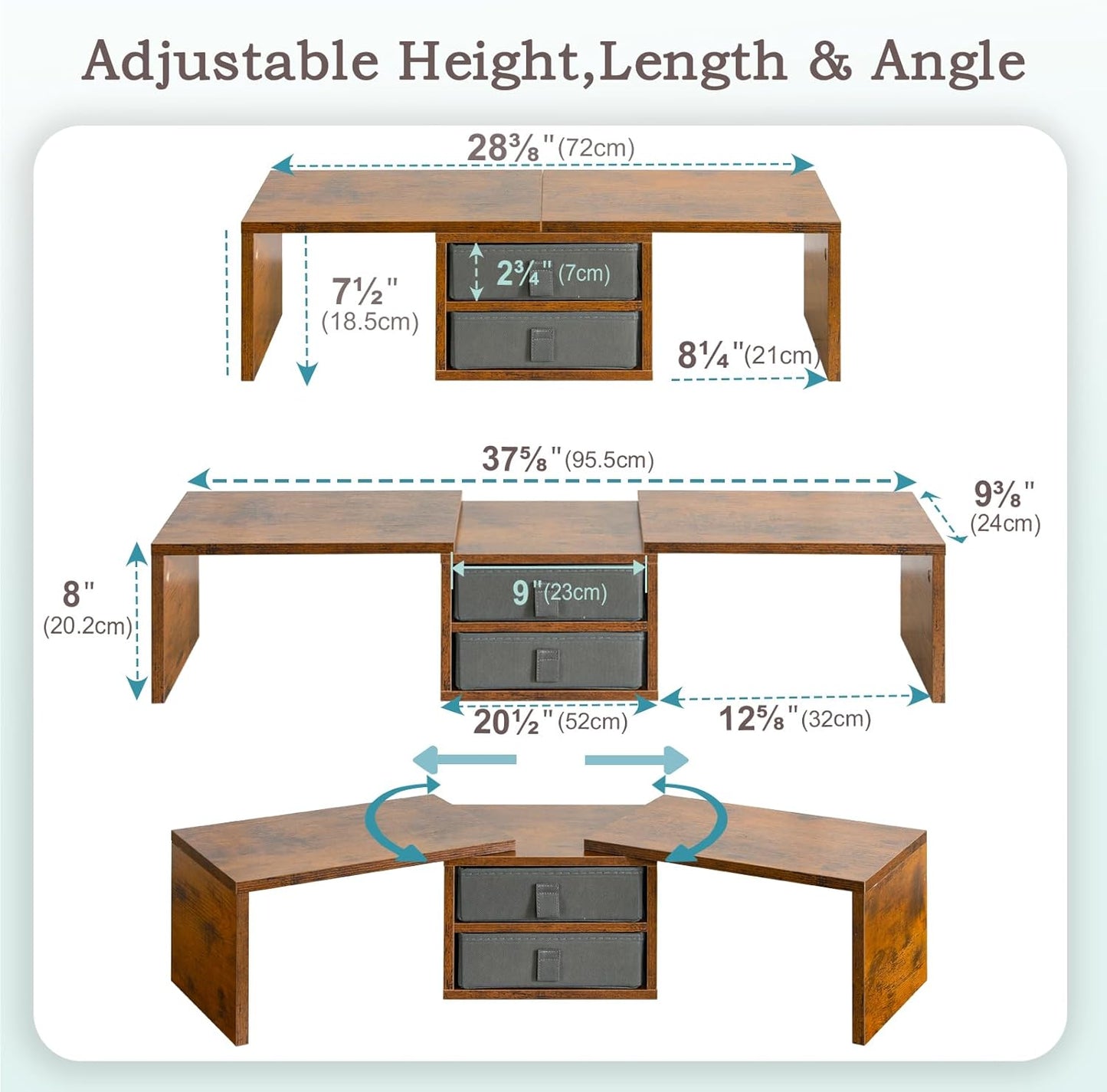 TEAMIX Dual Monitor Stand Riser with 2 Drawers - Length and Angle Adjustable 3 Shelf Monitor Riser with Storage Desk Organizer Large Monitor Stand for 2 Monitors/Laptop/PC,Screen/TV Stand Riser