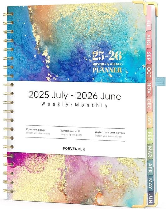 Forvencer Academic 2025 -2026 Planner, July 2025- Jun 2026, Hardcover Weekly Monthly Planner, Cute Teacher Student Planning Agenda Book for Women, 8.5”x 11”, Daily Calender with Tabs, School Supplies, Blue Marble