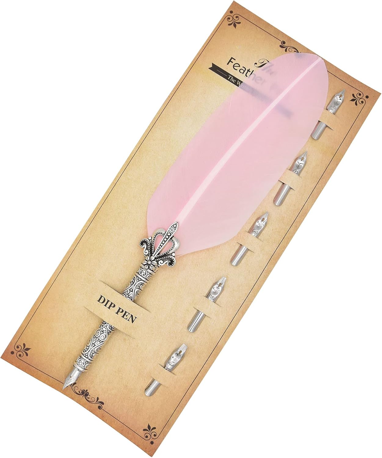 Gullor Calligraphy Feather Quill Pen and 5 Calligraphy Nibs for Beginners Kids Calligraphy Writing Quill Dip Pen Set, Pink