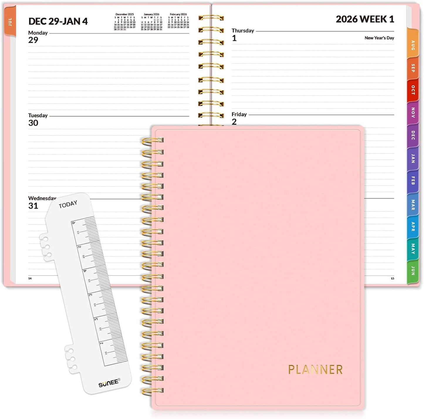 SUNEE 2026 Weekly and Monthly Planner - from January 2026 - December 2026, 6.4" x 8.3" Daily Agenda Planner with Monthly Tab, Flexible Cover, Note Pages, Pockets, Bookmark, Spiral Binding, Pink