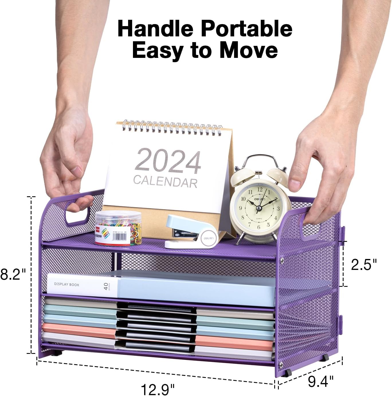 3-Tier Letter Tray Paper Organizer with Handle,Compact Mesh Desk File Organizer for Home Office Supplies Desktop Accessories,Purple