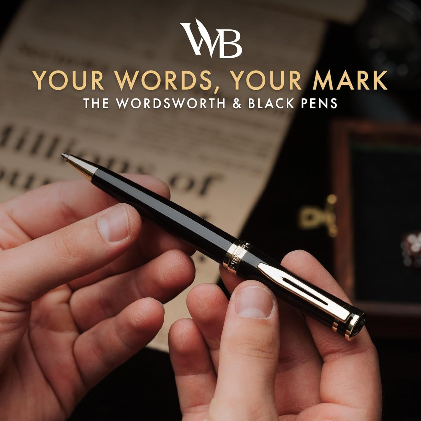 Wordsworth and Black Luxury Ballpoint Pen Set - Black Lacquer 24K Gold Finish, Refillable Fine Point, Elegant Gift for Men & Women, Includes Ink Refill, Nice Pens for Work