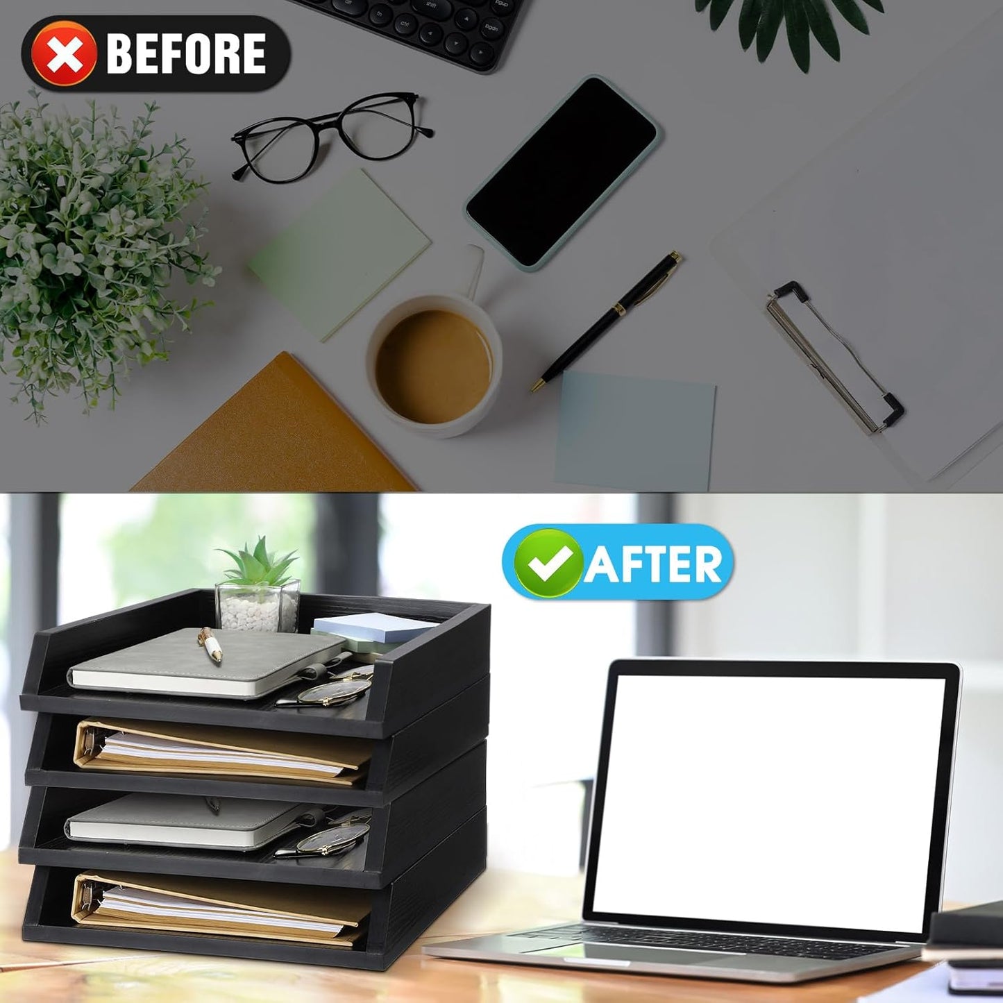 4 Pcs Wooden Letter Trays Wood Letter-Size Desk Organizer Heavy Duty 2 Tier Stackable Supports Paper Tray Desktop Drawer Organizer File Folder Magazine Office Accessories (Black)