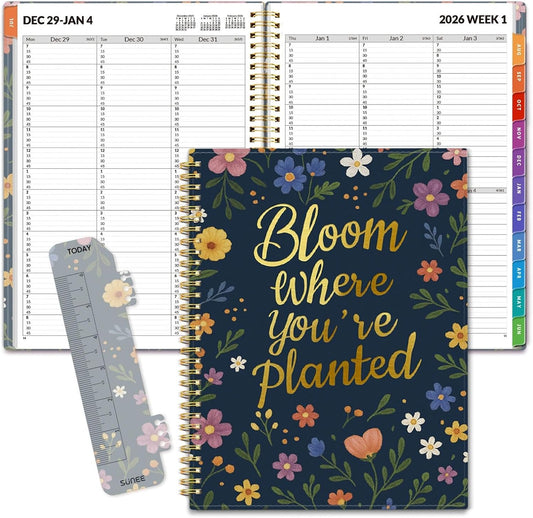 SUNEE 2026 Appointment Book, Quarter-Hourly, Weekly & Monthly - from January 2026 - December 2026, 8.5"x11" Weekly Planner, Flexible Cover, Note Pages, Pockets, Bookmark, Spiral Binding, Navy Flower
