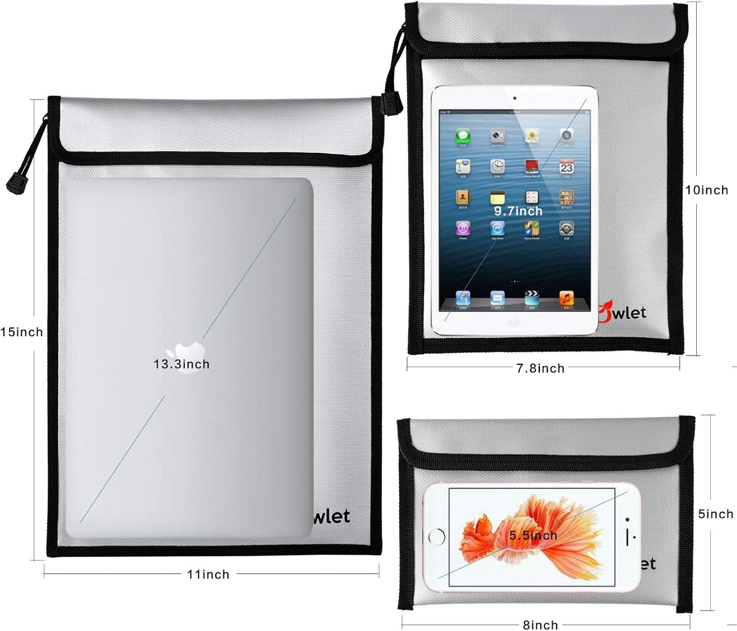 FunOwlet Fireproof Waterproof Document Bag, Fire and Water Resistant Safe Zipper Storage Organizer Pouch for A4/A5 Documents Holder, File, Cash, Jewelry, Passport, Tablet, Laptop, 3 Pack (Gray)