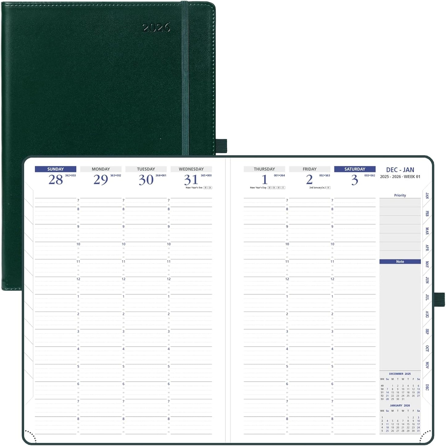 POPRUN 2026 Weekly Planner (A4 Size-8.25'' x 11.75''), 15-Minute Appointment Book (Jan 2026-Dec 2026) with Monthly Tabs, Inner Pockets, Pen Holder, PU Leather Softcover, 100GSM - Dark Green