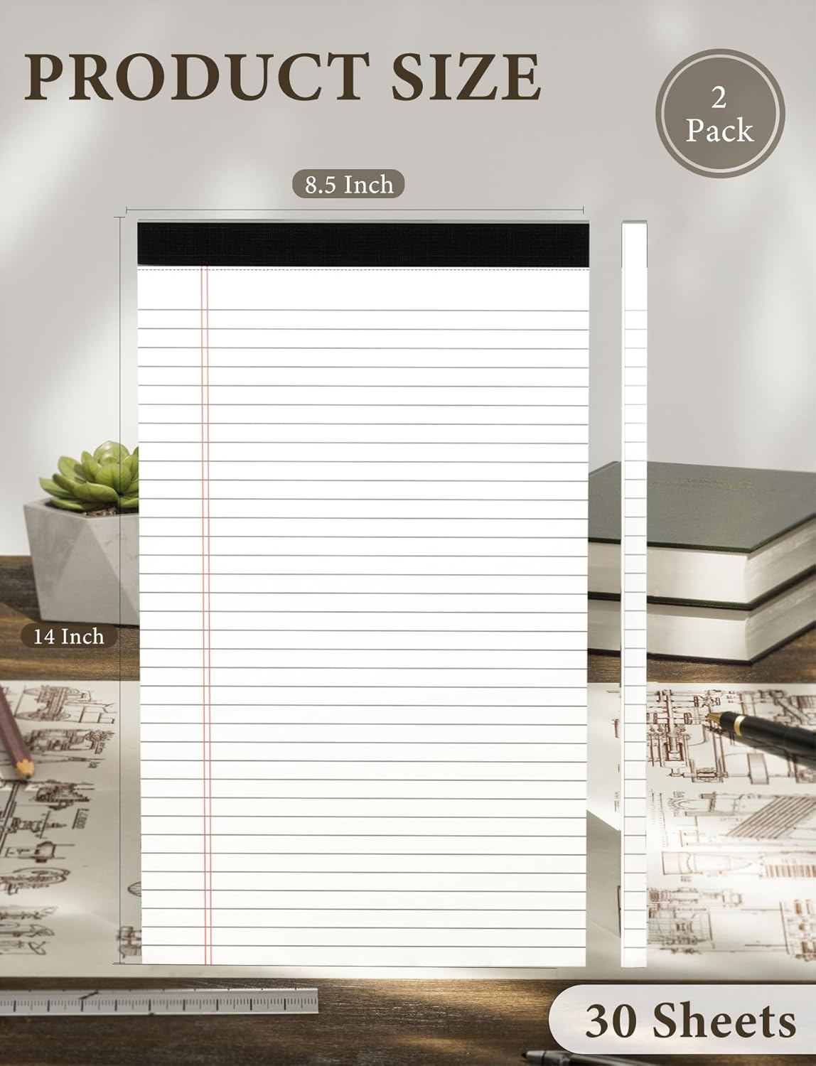 Legal Pads 8.5 x 14 White Wide Ruled, 2 Pack Legal Note Pads 8.5 x 14 Notepad, Lined Paper Pads 8.5 x 14, Lined Tablets Writing Pads, Lined Writing Note Pad, White 70 GSM Pads Of Paper, 30 Sheets/Pad