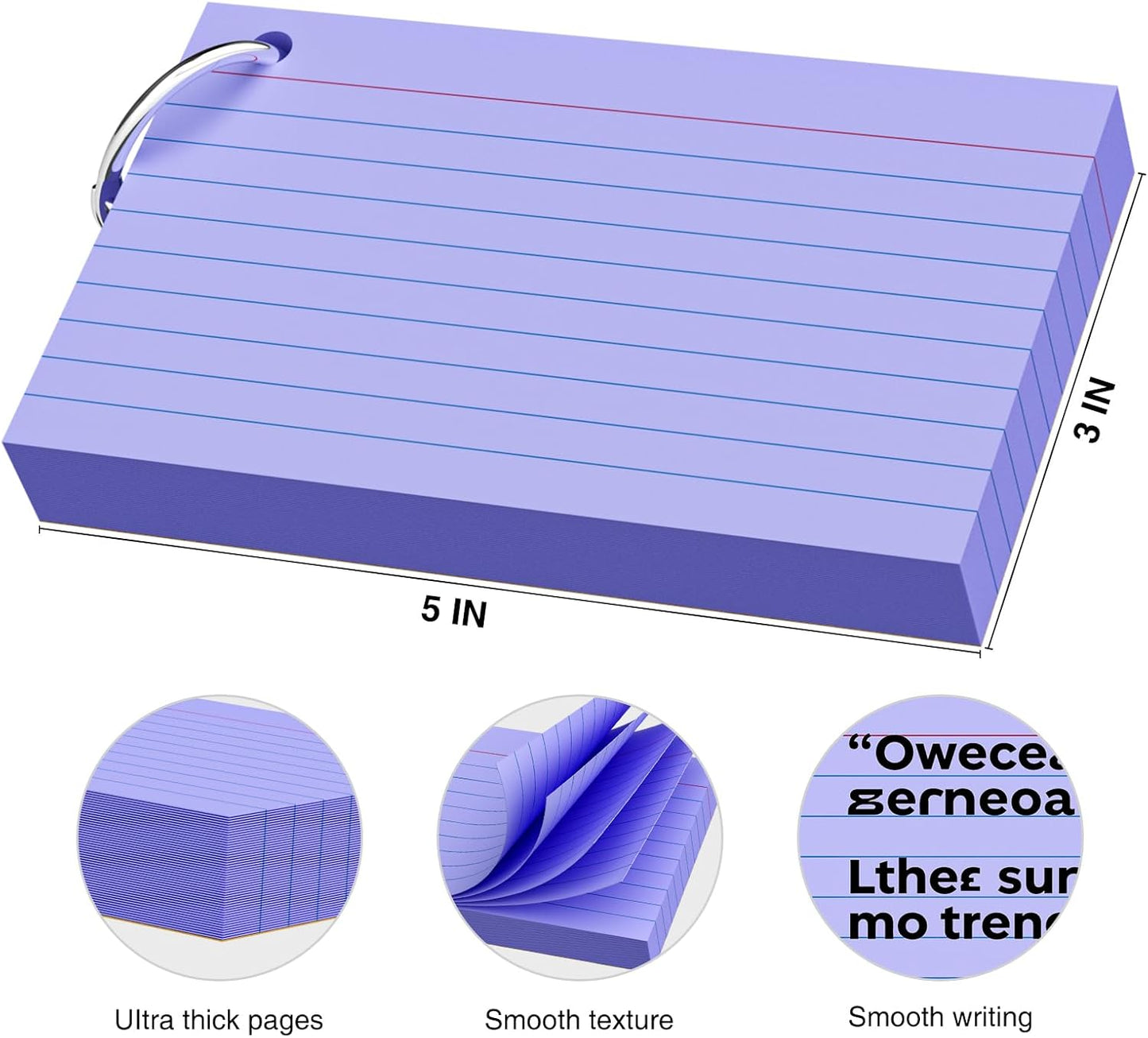 250 Count Purple Index Cards 3x5 Inch with Key Ring, Color Flash Index Card (50 Sheets Each), Durable & Portable Note Taking for Students, Teachers, Study Note Cards for Office Home School