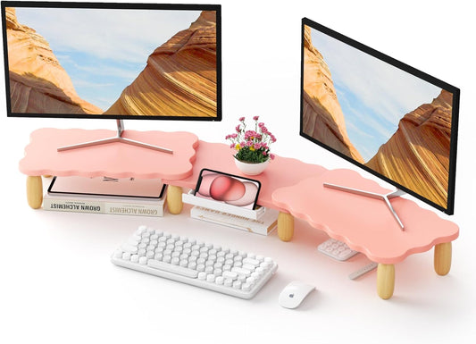 Dual Monitor Riser - Cookie-Shaped Adjustable Length & Swivel Angle, Wooden Desktop Organizer for 2 Monitors, Stand With Drawer for Laptop, PC, Computer, Printer, Pink
