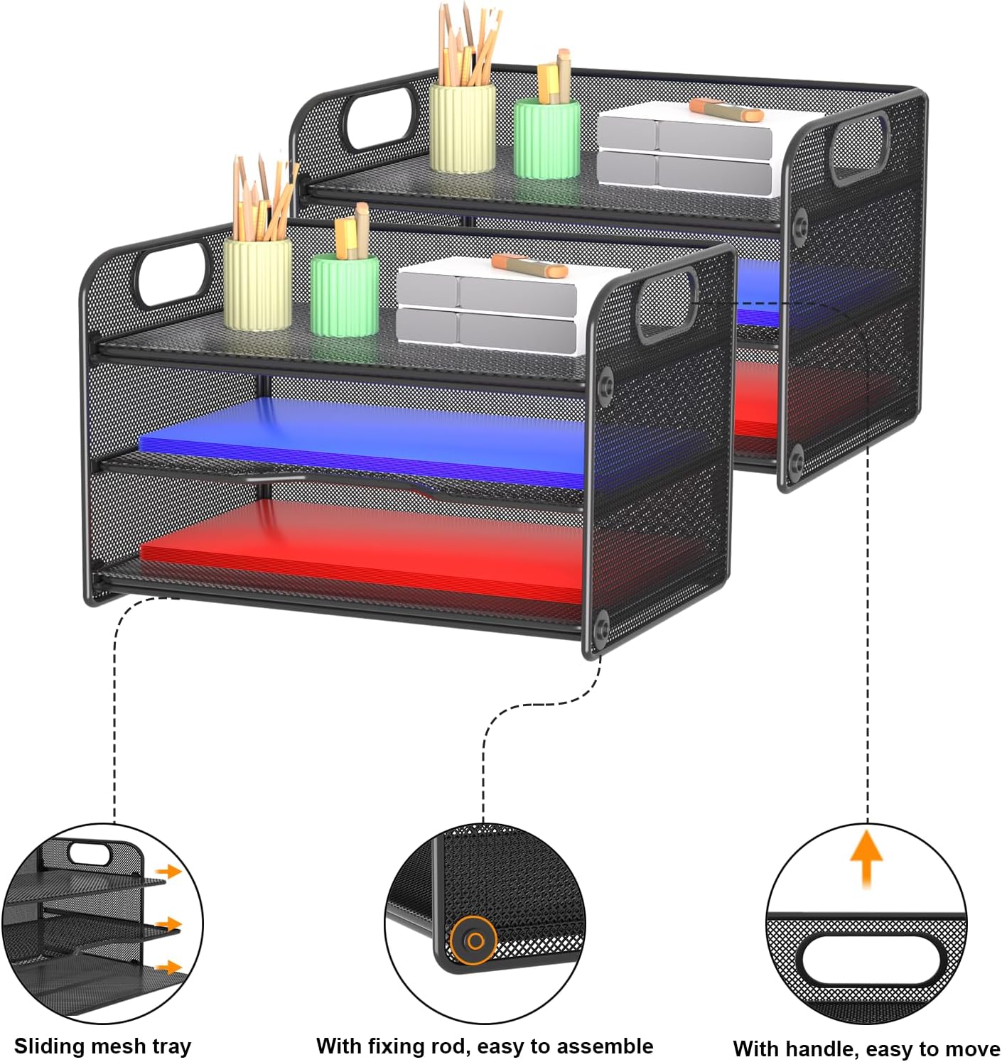 samstar 2 Pack 3 Tier Letter Tray Paper Organizer with Handle, Mesh Desk Organizer Paper Sorter File Rack Shelves, Black