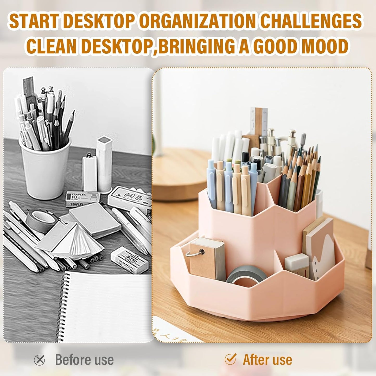360 Degree Rotation Pen Holder,9 Slots Pencil Holder for Desk,Desk Organizer,Desk Accessories & Workspace Organizers,Apply Office, School, Home（Pink
