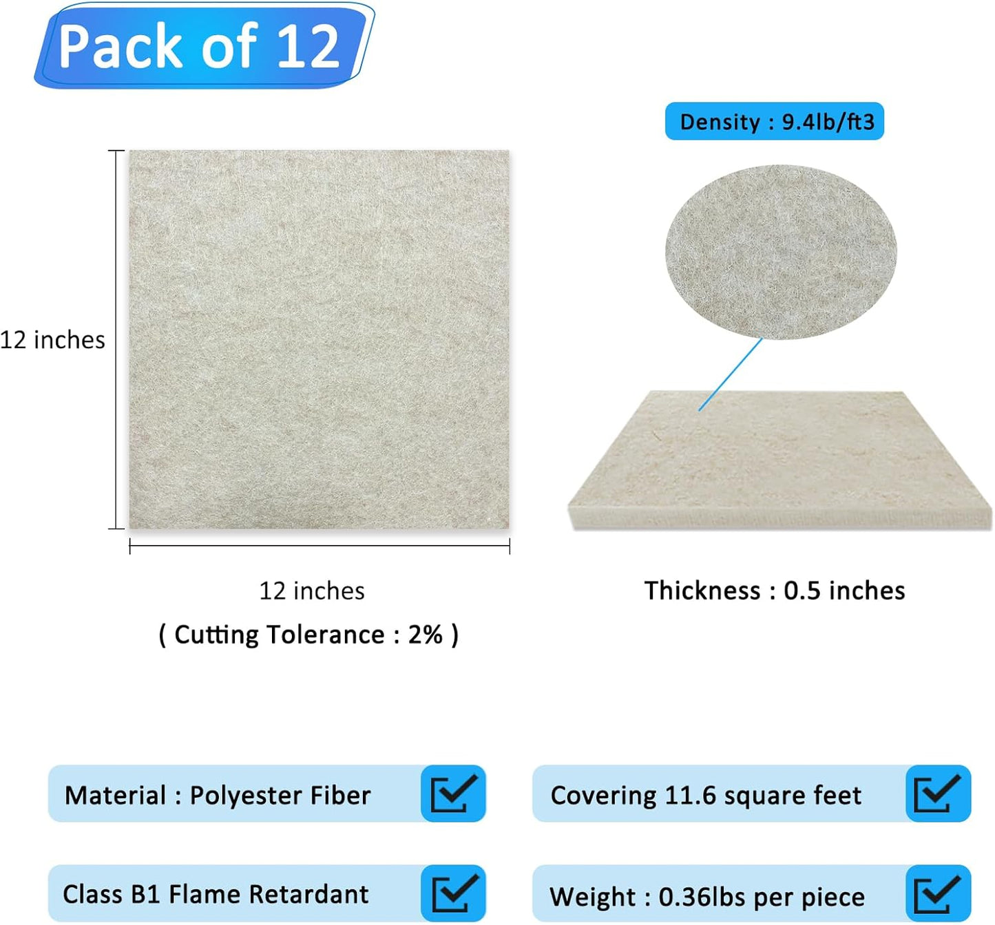 BXI Thickened Sound Absorbing Panels - 12 Pack 12 X 12 X 0.5 Inches Dense Acoustic Panels, Echo Noise Reducing Sound Panels, Tackable Studio Panels for Wall and Ceiling Acoustic Treatment