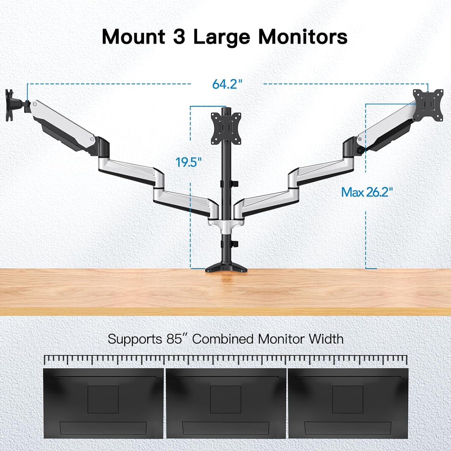HUANUO Triple Monitor Stand - Full Motion Articulating Gas Spring Monitor Mount Fit Three 17 to 32 inch Flat/Curved LCD Computer Screens with Clamp, Grommet Kit, Silver