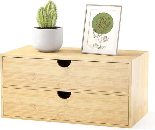 Bamboo Desk Organizer with Drawers - Small Desktop Storage Container for Countertop & Tabletop - No Assembly Required
