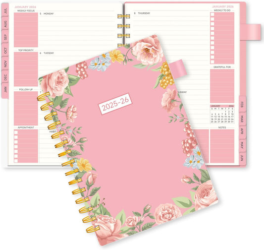 Planner 2025-2026, Weekly and Monthly Planners for Women, AIMPEAK Academic Calendar Planner for Teacher & Student, Jul.2025 - Jun.2026, Monthly Tabs, Spiral Binding, Pink Garland, 5.5"x8.5"