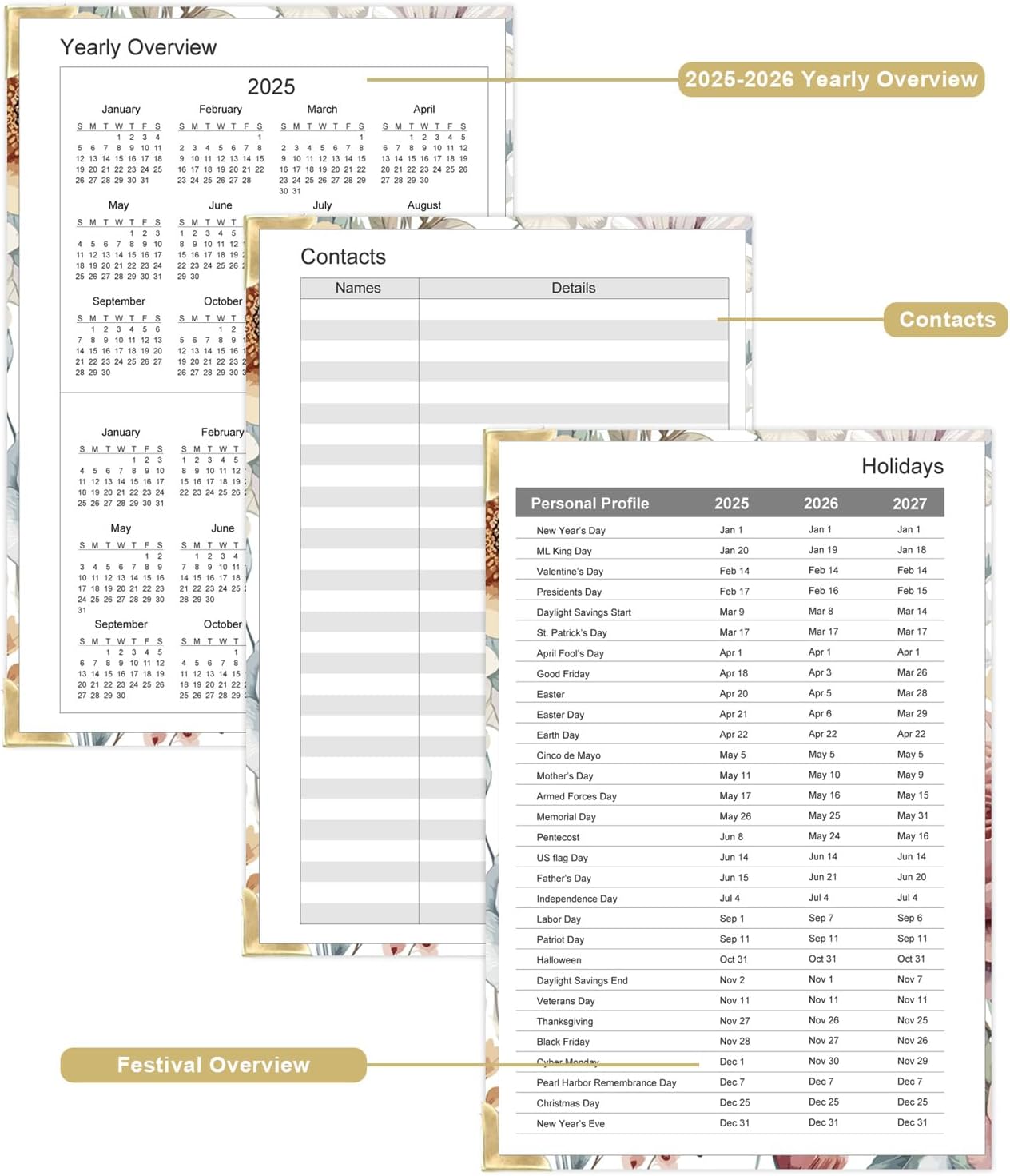 Undated Daily Monthly Planner for 2025 2026 - A5 To Do List with Hourly Schedule, Hardcover Spiral Bound Daily Planner to Increase Focus, Stylish School/Office Supplies, 5.8" x 8.5", Flower