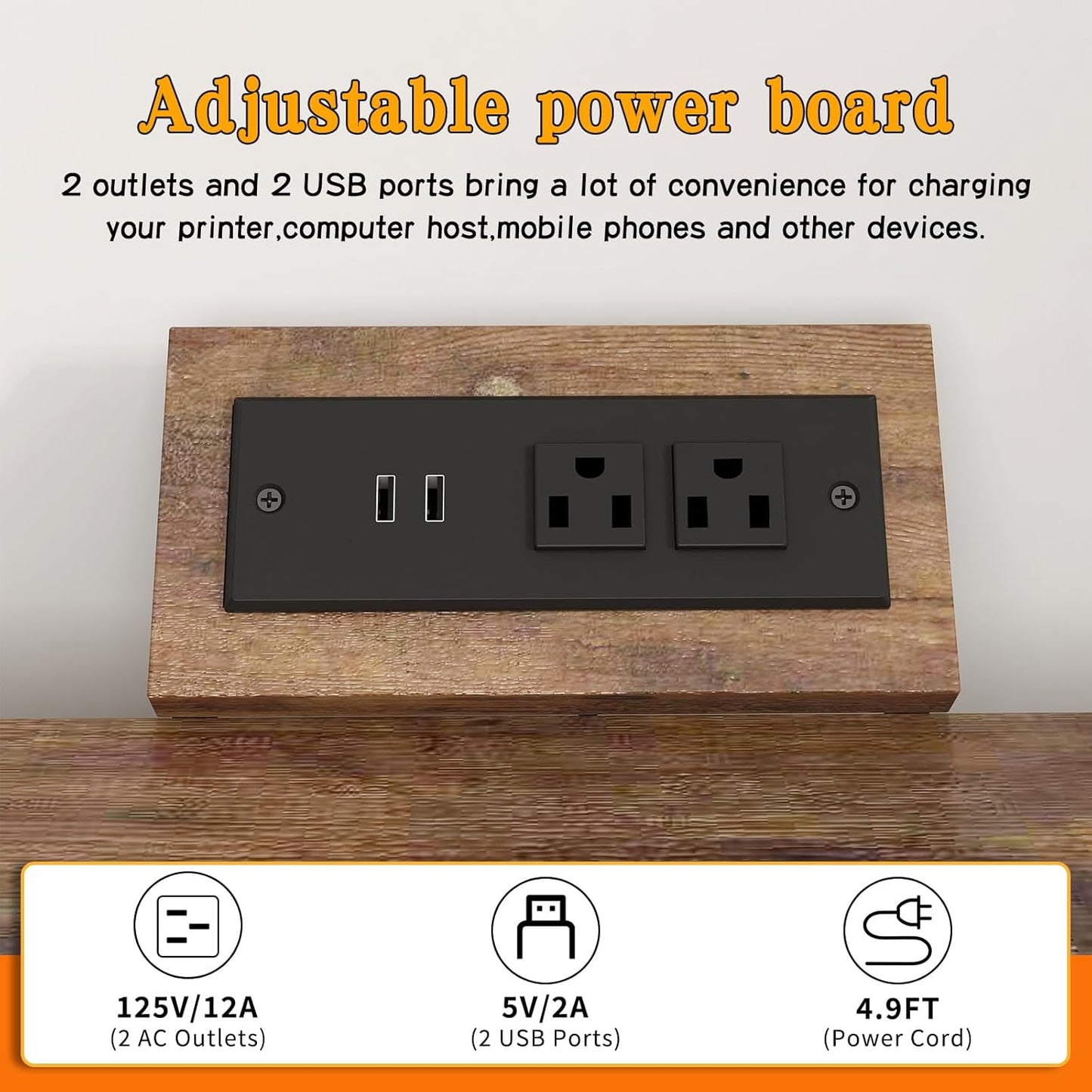 Large Printer Stand with Power Outlet, with Height Adjustable Storage Shelf, 3 Tier Rolling Printer Cart with Industrial Wheels, 23.6 x 23.6 Inches Printer Table for Home Office, Rustic Brown