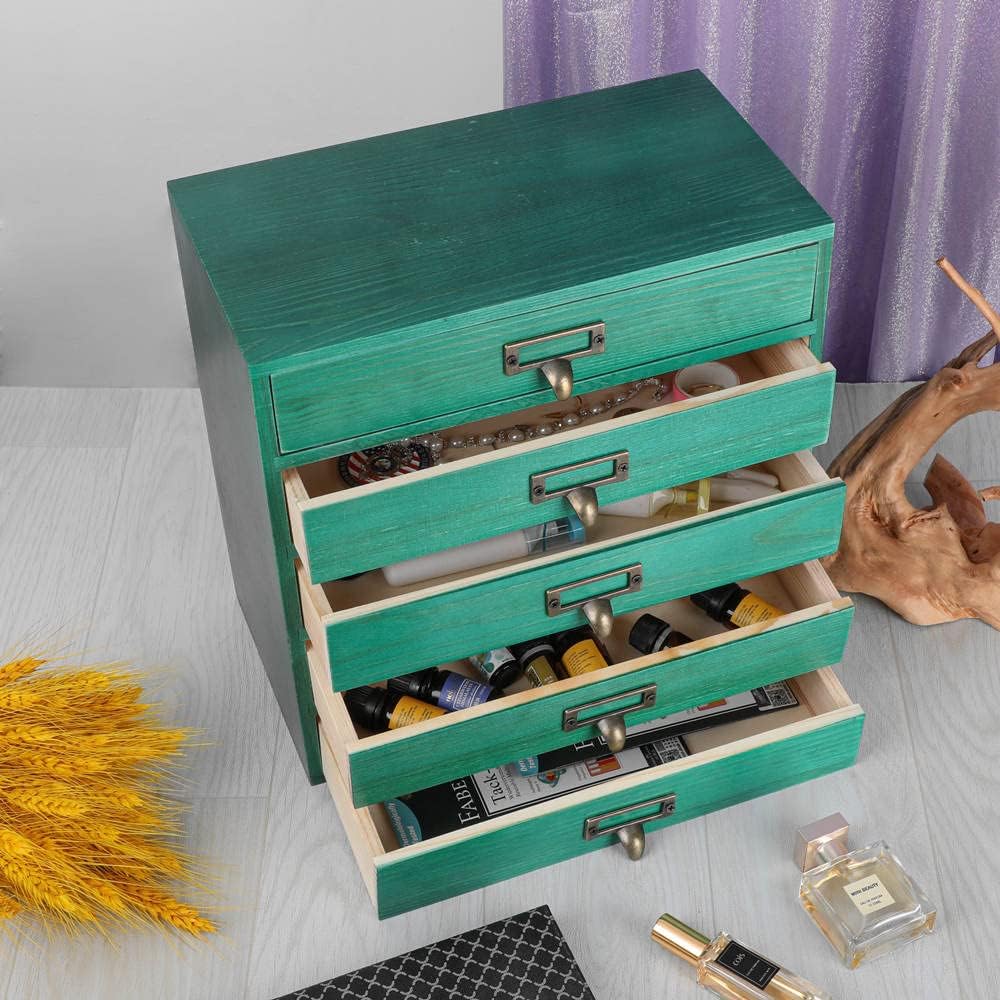 Desktop Drawer Organizer - Large Wooden Drawers Vintage Box with Drawers Paper Storage File Folder Organizer Library Card Catalog Cabinet (L-GREEN)