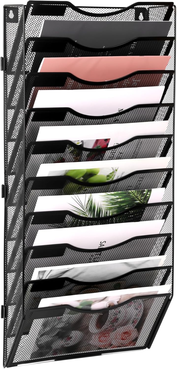 EasyPAG Wall File Holder Organizer 10 Pocket Mesh Hanging Wall Mounted Document Paper Folder Filing Magazine Rack with Nametag Label for Office Home School, Black