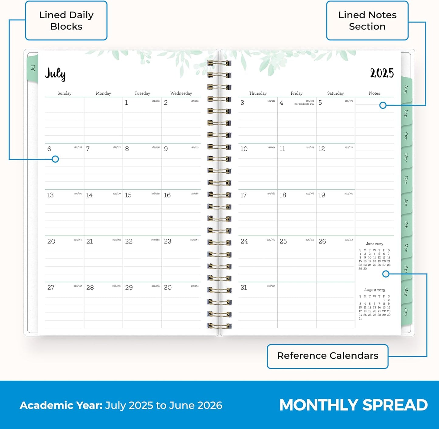 Blue Sky 2025-2026 Weekly and Monthly Academic Year Planner Calendar, July 2025 - June 2026, 5" x 8", Flexible Cover, Wirebound, Laminated Tabs, Laurel