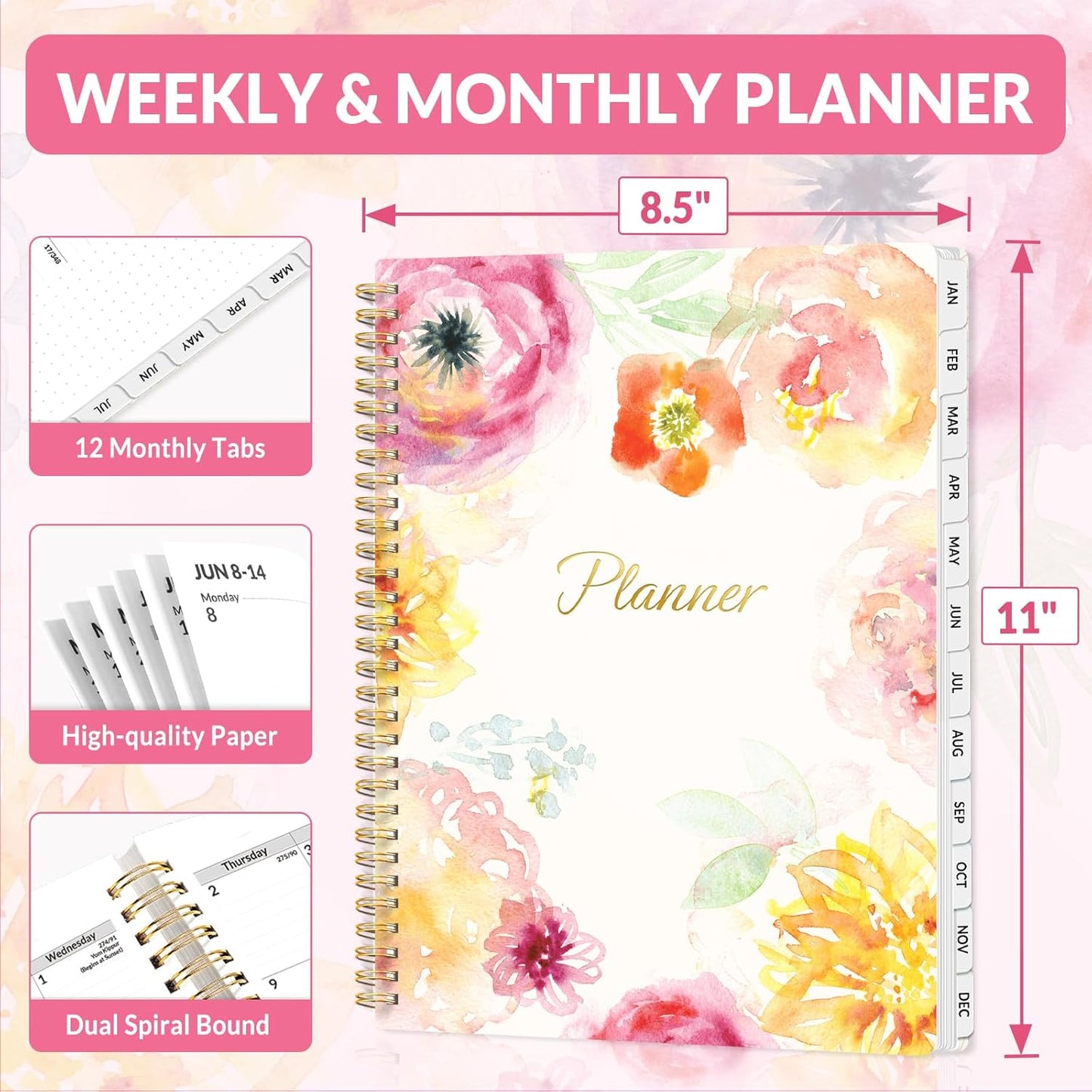SUNEE Planner 2026 Weekly and Monthly, January 2026-December 2026, 8.5"x11", Tabs, Note Pages,Spiral Binding, Watercolor Flowers