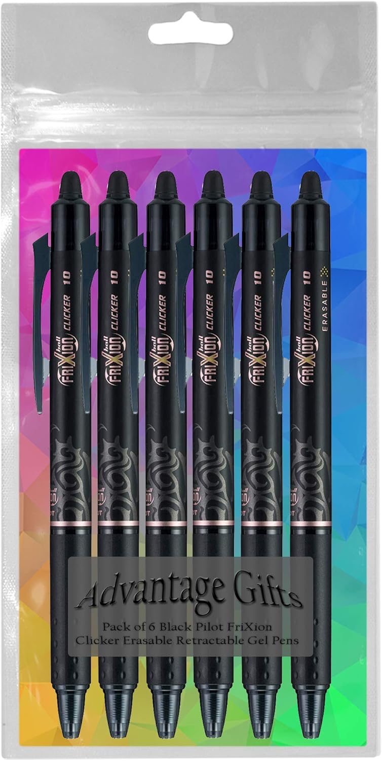 FriXion Clicker Retractable Erasable Gel Pen, Black, Bold Point, 6-pk; Bundle with Plastic Reusable Pouch