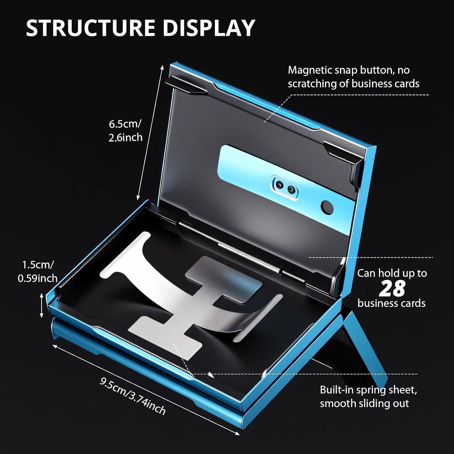 Zonon Large Thumb Drive Business Card Holder Fit 28 Name Credit Aluminum Alloy Slide out Name Card Case Portable Business Holder Wallet Pocket for Men Women (Sapphire Blue)