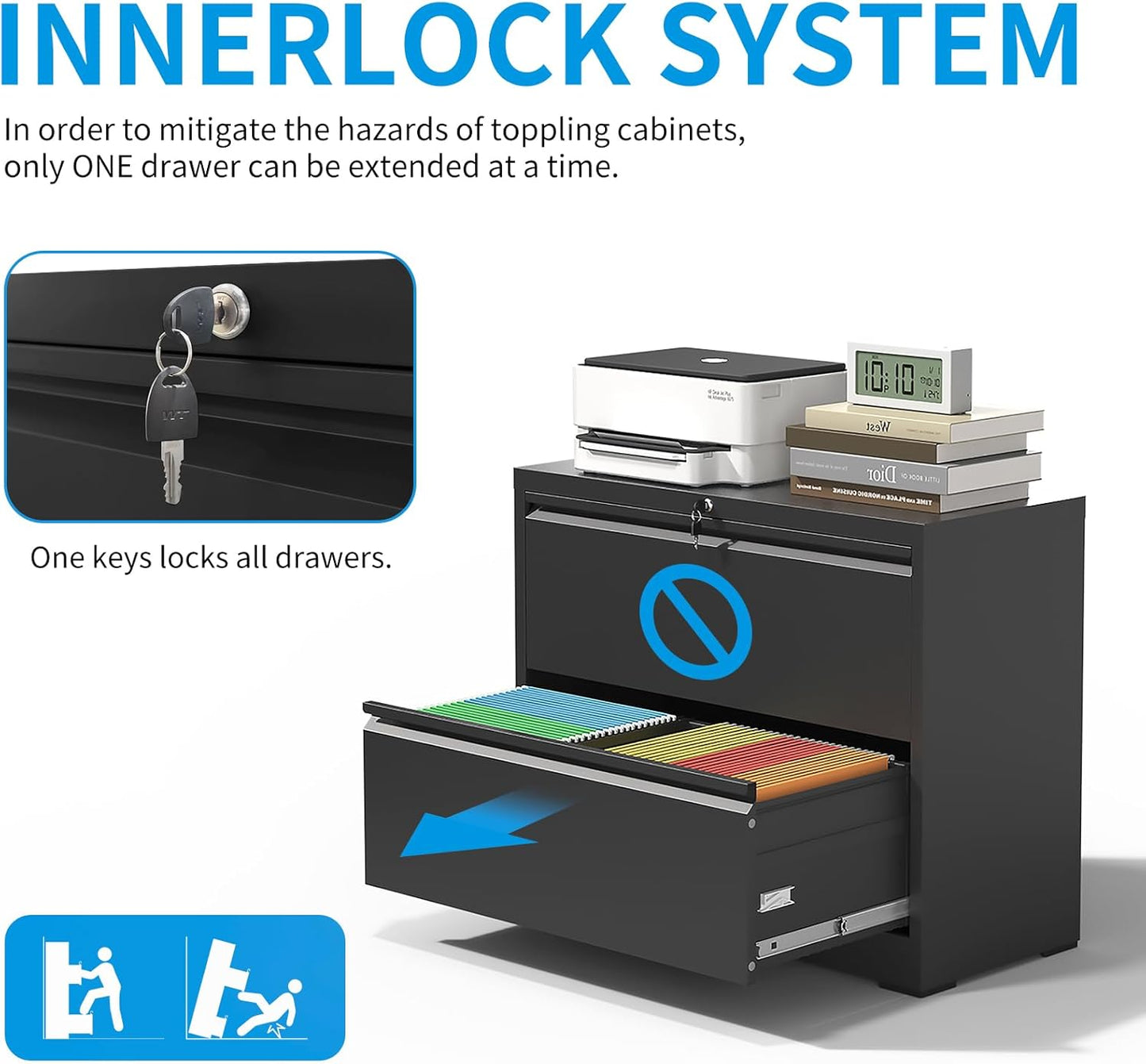 2 Drawer Lateral File Cabinet, Metal Lateral Filing Cabinet for Home Office, Filing Cabinets for Letter/Legal/A4/F4 Hanging Files (Black)