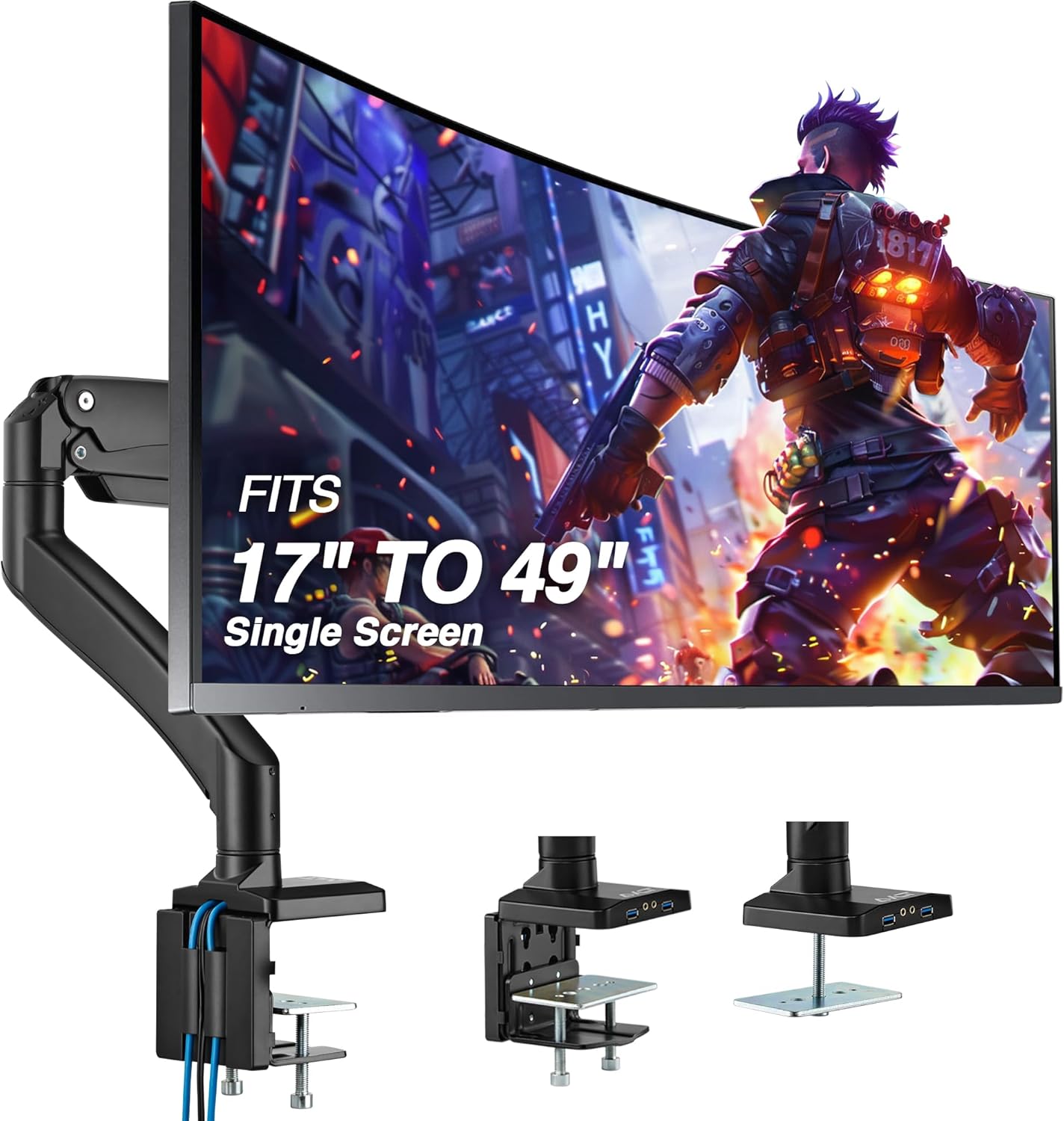 AVLT Single 17"-49" Super Ultrawide Monitor Arm for Screens Up to 50 lbs, Premium Aluminum Desk Stand, Adjustable Pneumatic Height, Full Motion Swivel Tilt Rotation, USB 3.0 & AUX Ports, Black
