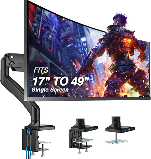 AVLT Single 17"-49" Super Ultrawide Monitor Arm for Screens Up to 50 lbs, Premium Aluminum Desk Stand, Adjustable Pneumatic Height, Full Motion Swivel Tilt Rotation, USB 3.0 & AUX Ports, Black