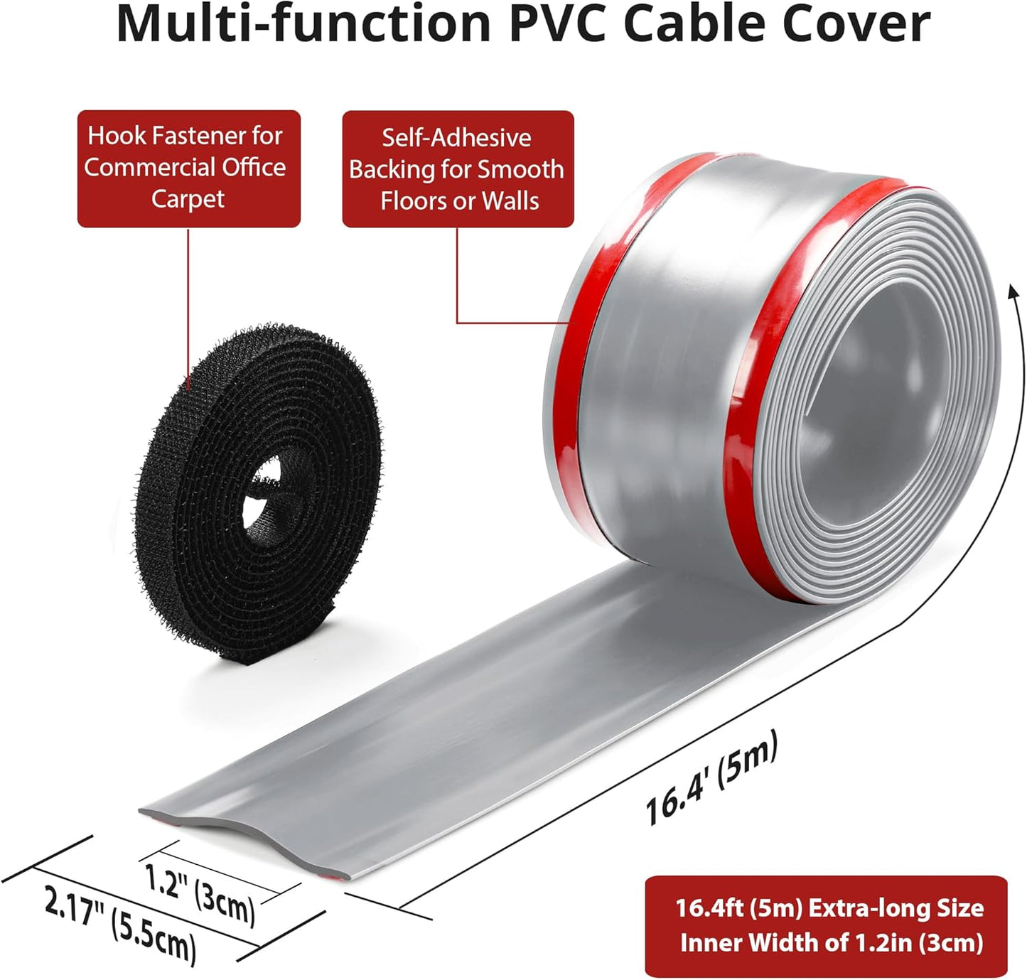 16.4ft Soft PVC Cord Cover, Self-Adhesive Cable Hider for Floor and Wall, Wire Management Protector for Commercial Office Carpet/Floors - Gray