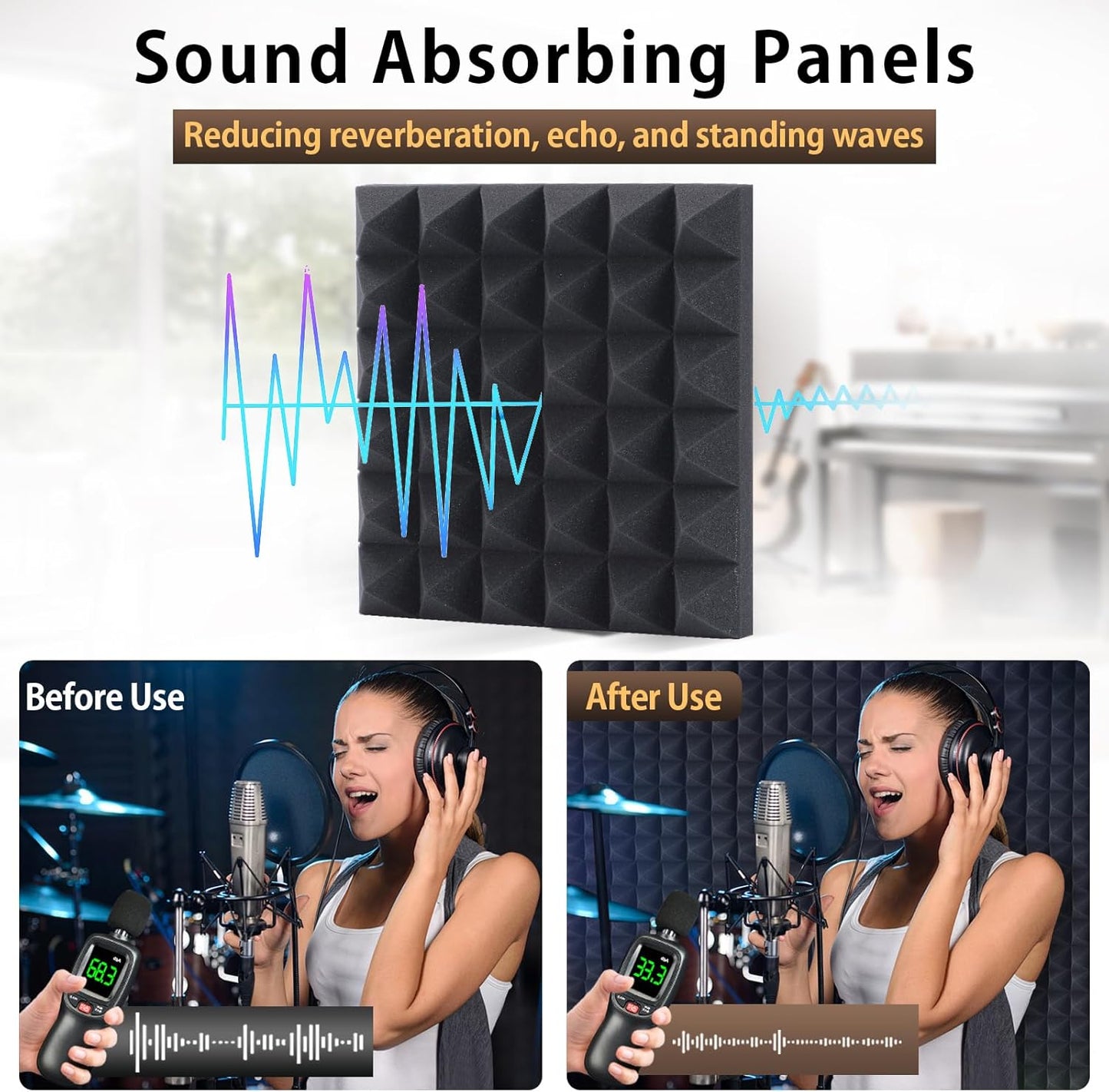 36 Pack Sound Proof Foam Panels for Walls 12" X 12" X 2" Pyramid Acoustic Foam Panels with Self-Adhesive High Density Soundproof Wall Panels for Studio and Home