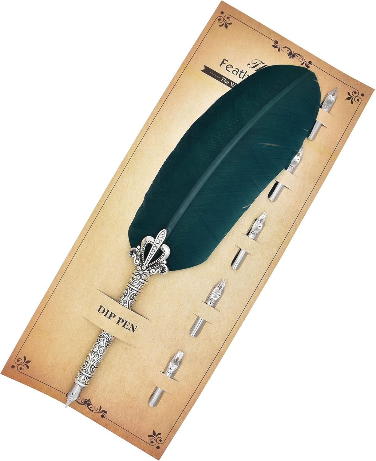 Gullor Calligraphy Feather Quill Pen and 5 Calligraphy Nibs for Beginners Kids Calligraphy Writing Quill Dip Pen Set, DarkGreen